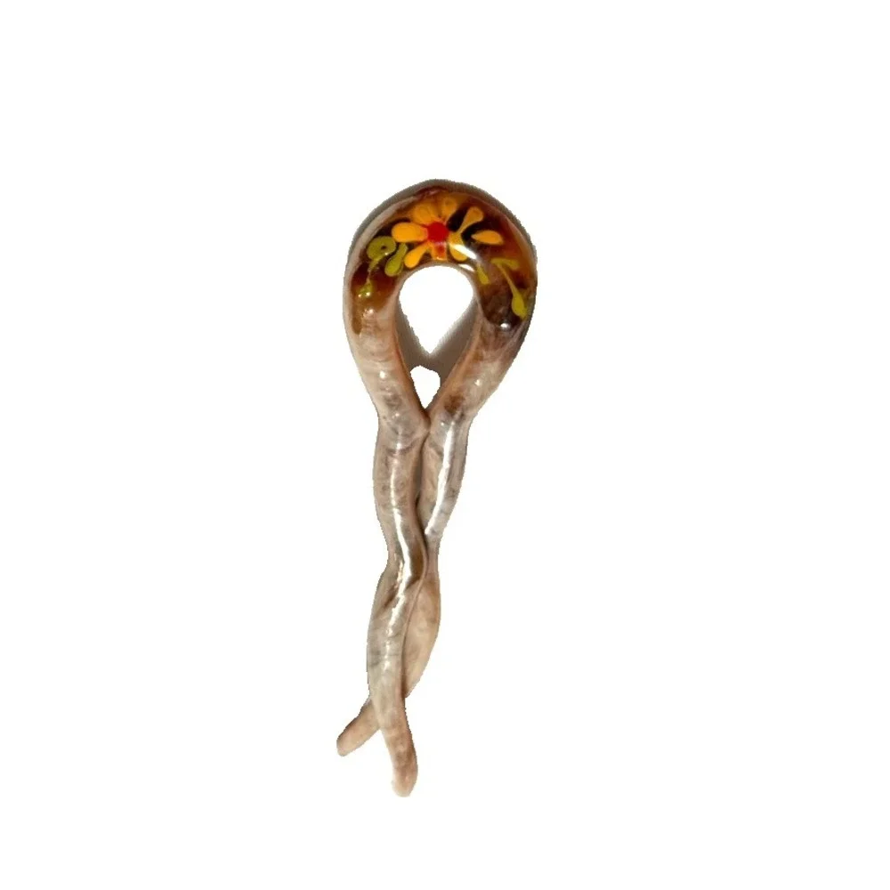 Vintage Mid-Century French Hair Pin Hand-Painted Floral Celluloid Lucite U-Pin